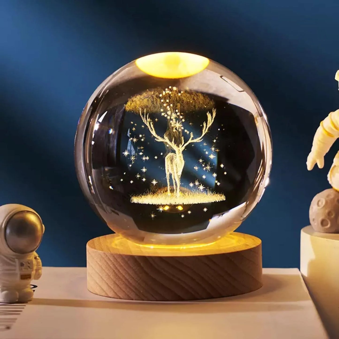 3D Crystal Ball Night Lamp with USB Table LED Wooden Base